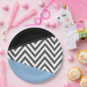 灰色のジグザグ、灰色のシェブロン、ジグザグのパターン、青 ペーパープレート (パーティー)