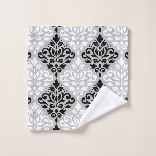 灰色のスクロールダマスク織の混合されたサイズPtn B&W バスタオルセット (ウォッシュタオル)