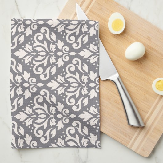 灰色のスクロールダマスク織の繰り返しパターンクリーム キッチンタオル (四つ折り)