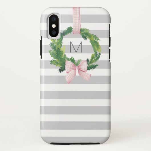 灰色のストライプなクリスマスのリースのモノグラム Case-Mate iPhoneケース (裏面)
