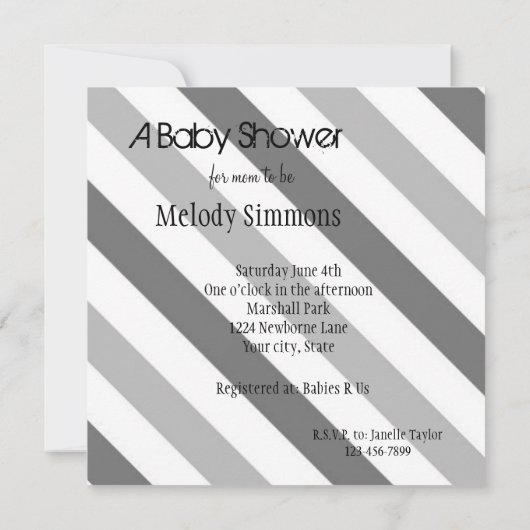 灰色のストライプのベビーシャワー 招待状 (裏面)