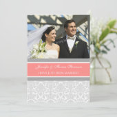 灰色のダマスク織の写真のたった今結婚しましたの発表カード 案内状 (スタンド正面)