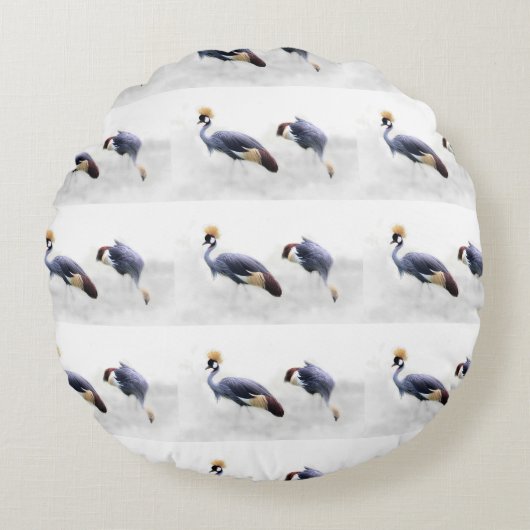 灰色のツルの鳥の動物ペアのカップル ラウンドクッション (正面)