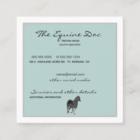 灰色のティール(緑がかった色)の水色の馬 スクエア名刺 (裏面)