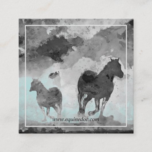 灰色のティール(緑がかった色)の水色の馬 スクエア名刺 (正面)