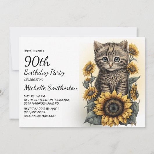灰色のトラ猫の子猫ひまわり90歳の誕生日 招待状 (正面)