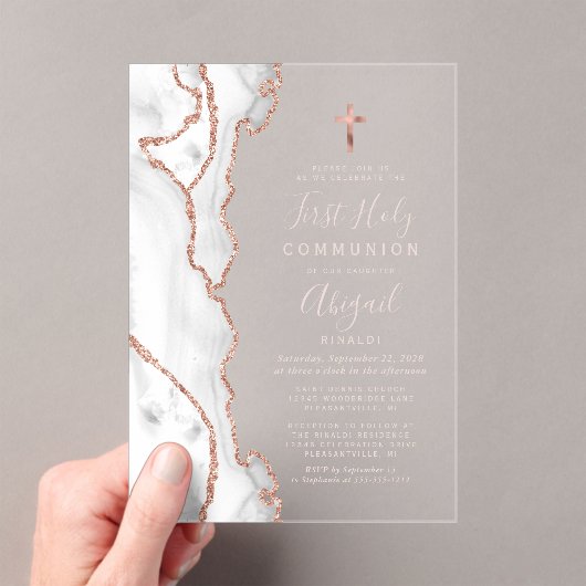 灰色のバラ金ゴールドアゲートピンクファースト聖餐式 アクリル招待状 (インサイチュ (ポータブル))