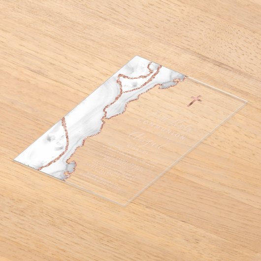 灰色のバラ金ゴールドアゲートピンクファースト聖餐式 アクリル招待状 (レイダウン)