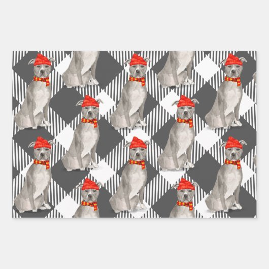 灰色のピットブルスタフォーディスハイラクリスマスドッグプレイド ラッピングペーパーシート (正面3)