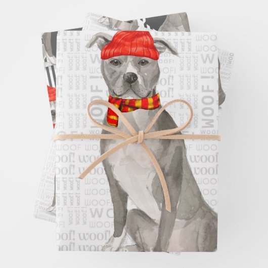 灰色のピットブルスタフォーディスハイラクリスマスドッグプレイド ラッピングペーパーシート (インサイチュ)