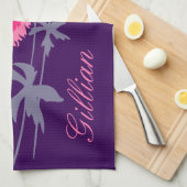 灰色のピンクと紫のポピーの花 キッチンタオル (四つ折り)