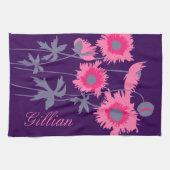 灰色のピンクと紫のポピーの花 キッチンタオル (横)