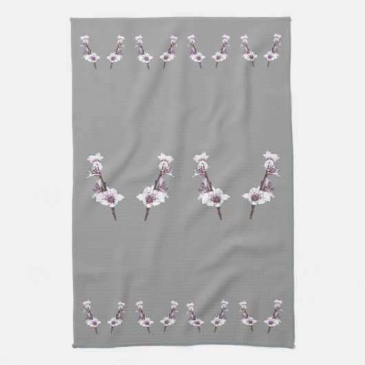 灰色のピンクの桜 キッチンタオル (縦)