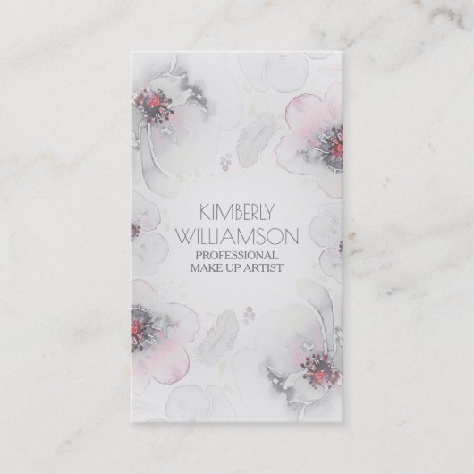 灰色のピンクの水彩画の花のBohoの羽のリース 名刺 (正面)