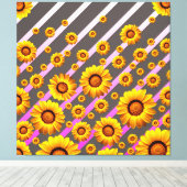 灰色のピンクの花に美しい黄色のストライプ花 キャンバスプリント (インサイチュ (ウッドフロア))