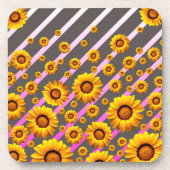 灰色のピンクの花に美しい黄色のストライプ花 コースター (正面)