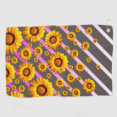 灰色のピンクの花に美しい黄色のストライプ花 ゴルフタオル (横)