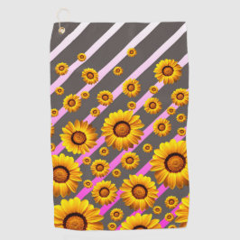 灰色のピンクの花に美しい黄色のストライプ花 ゴルフタオル