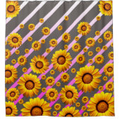 灰色のピンクの花に美しい黄色のストライプ花 シャワーカーテン (正面)