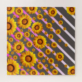 灰色のピンクの花に美しい黄色のストライプ花 ジグソーパズル (横)