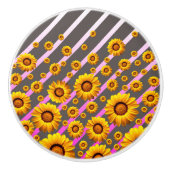 灰色のピンクの花に美しい黄色のストライプ花 セラミックノブ (正面)