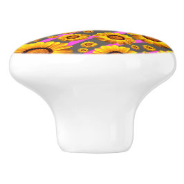 灰色のピンクの花に美しい黄色のストライプ花 セラミックノブ