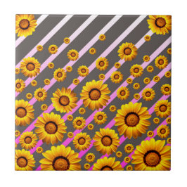 灰色のピンクの花に美しい黄色のストライプ花 タイル