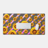 灰色のピンクの花に美しい黄色のストライプ花 デスクマット (キーボード&マウス)