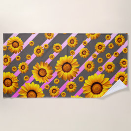 灰色のピンクの花に美しい黄色のストライプ花 ビーチタオル