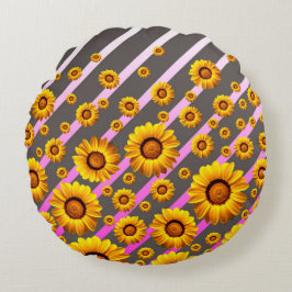 灰色のピンクの花に美しい黄色のストライプ花 ラウンドクッション