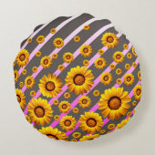 灰色のピンクの花に美しい黄色のストライプ花 ラウンドクッション (裏面)