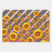 灰色のピンクの花に美しい黄色のストライプ花 ラッピングペーパーシート (正面3)