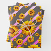 灰色のピンクの花に美しい黄色のストライプ花 ラッピングペーパーシート (インサイチュ)