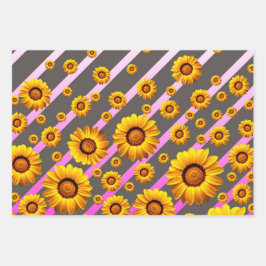 灰色のピンクの花に美しい黄色のストライプ花 ラッピングペーパーシート