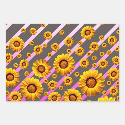 灰色のピンクの花に美しい黄色のストライプ花 ラッピングペーパーシート (正面)