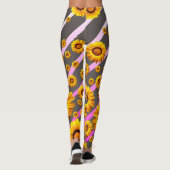 灰色のピンクの花に美しい黄色のストライプ花 レギンス (裏面)