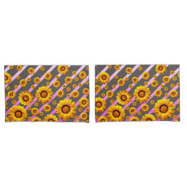 灰色のピンクの花に美しい黄色のストライプ花 枕カバー