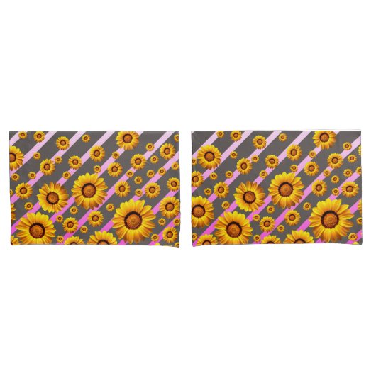 灰色のピンクの花に美しい黄色のストライプ花 枕カバー (フロントセット)