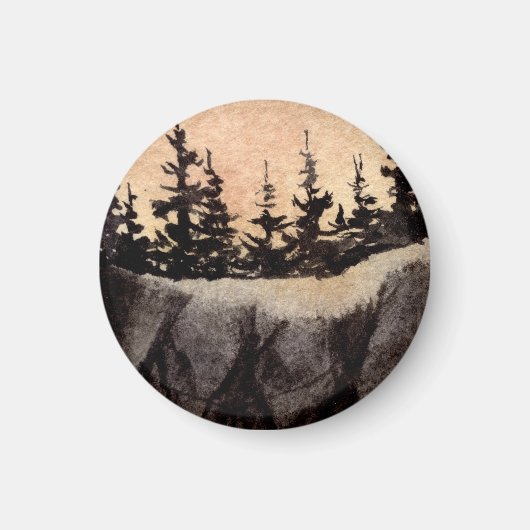 灰色のピンク色の空のアートと切り立った崖の上の暗い松 マグネット (正面)