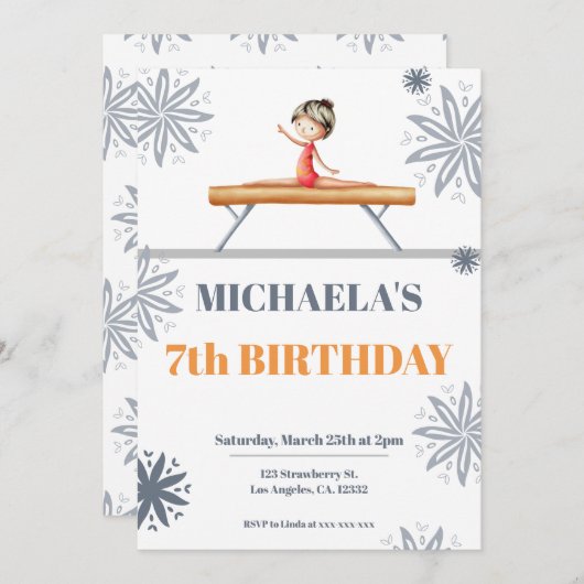 灰色のフローラガールユニークオンアビームかわいい誕生日 招待状 (正面/裏面)