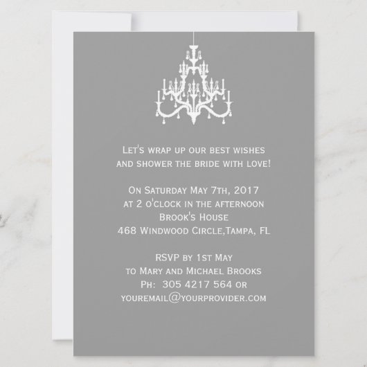 灰色のブライダルシャワー招待状にシャンデリア 招待状 (裏面)