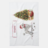 灰色のプードルおもしろいクリスマスドッグと木 キッチンタオル (縦)