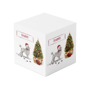 灰色のプードルおもしろいクリスマスドッグと木 フォトキューブ