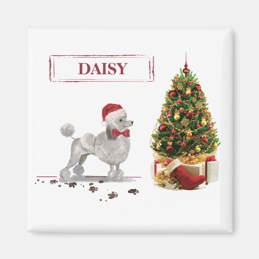 灰色のプードルおもしろいクリスマスドッグと木 マグネット (正面)