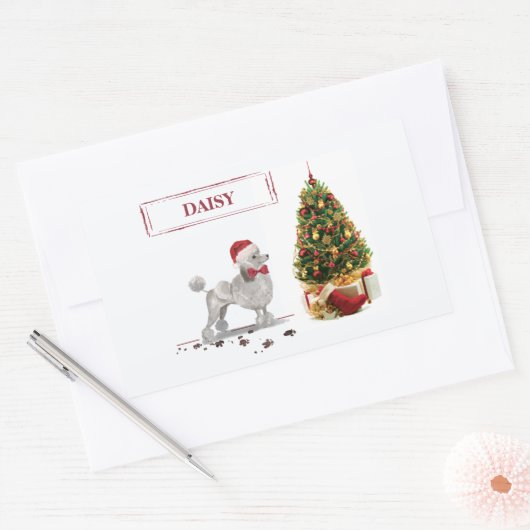 灰色のプードルおもしろいクリスマスドッグと木 長方形シール (封筒)
