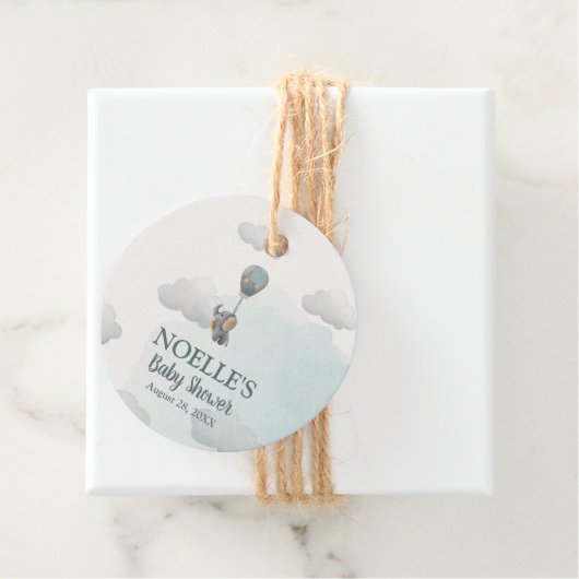 灰色のベビーゾウ、雲の中の熱気球 フェイバータグ (インサイチュ)