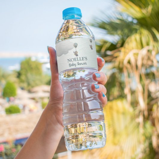 灰色のベビーゾウ、雲の中の熱気球 ペットボトルラベル