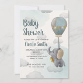 灰色のベビーゾウ、雲の中の熱気球 招待状 (正面)