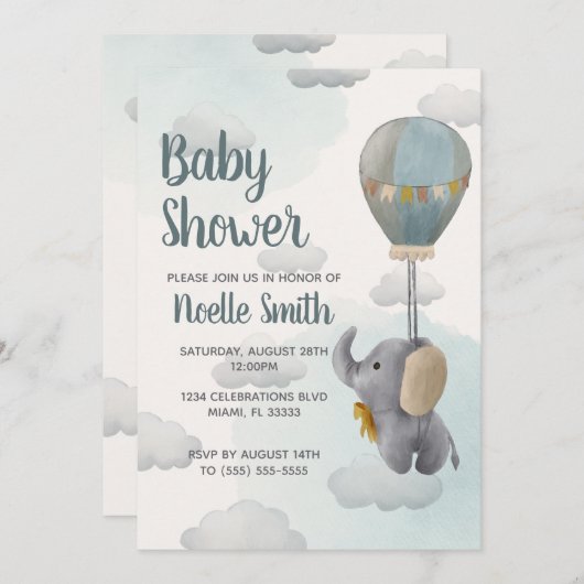 灰色のベビーゾウ、雲の中の熱気球 招待状 (正面/裏面)