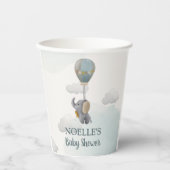 灰色のベビーゾウ、雲の中の熱気球 紙コップ (正面)